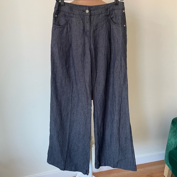 Giorgio Armani Big White Blue High Rise Wide-Leg Chambray Linen Trousers EUC 27 - Picture 1 of 9